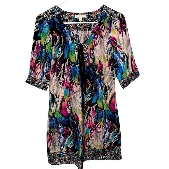 𝅺LOVE FIRE FEATHER PRINT DRESS SIZE 7 - Picture 1 of 2